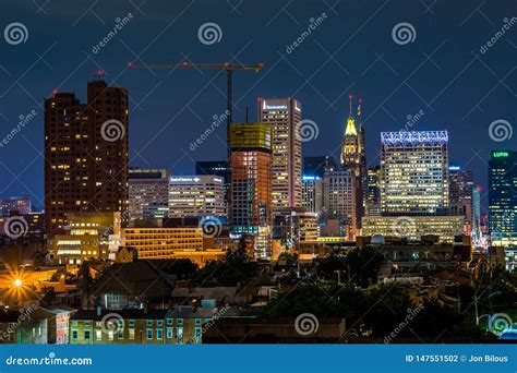 View Of The Downtown Skyline At Night In Baltimore Maryland Editorial