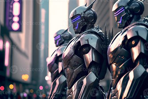 Many Modern Futuristic Male Humanoid Robots With Metal Outfit Neural