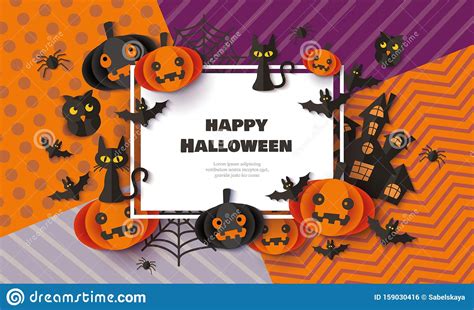 Happy Halloween Banner With Black Cats, Bats And Pumpkins Paper Cut Vector Illustration. Stock ...