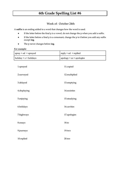 6th Grade Spelling Words List Pdf