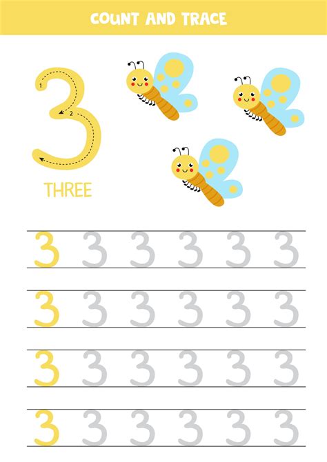 Tracing Numbers Worksheet With Cute Butterflies Trace Number 3