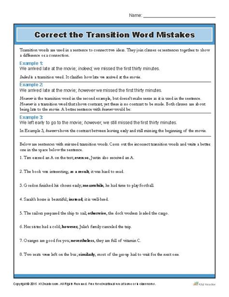 Correct The Transition Word Mistakes Printable Writing Worksheet