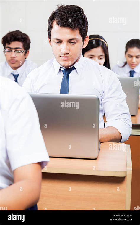 Indian High School Students Boy Laptop Study Education Learning Class