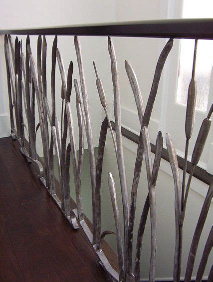 Hand Crafted Cat Tail And Willow Interior Wrought Iron Railing By Iron