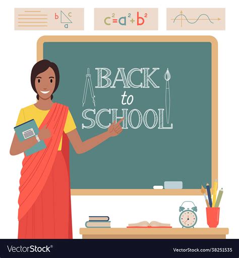 Indian Woman Teacher In Front A Blackboard Vector Image