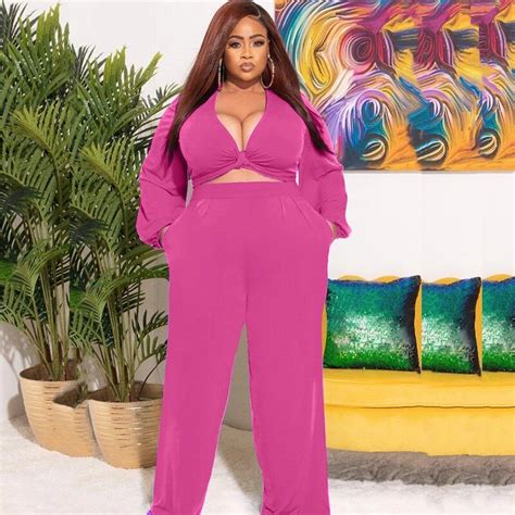 Plus Size Women Clothing Two Piece Set V Neck Sexy Outfits Long Sleeve