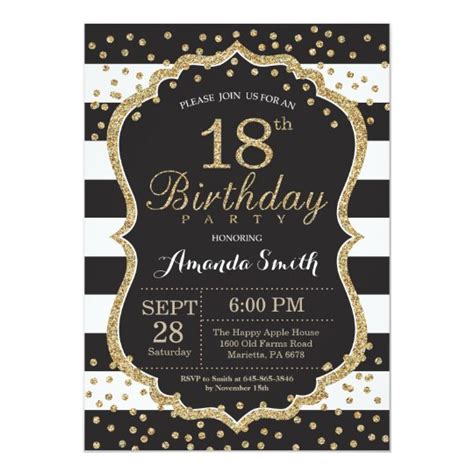 18th Birthday Invitation Black And Gold Glitter Invitation Uk