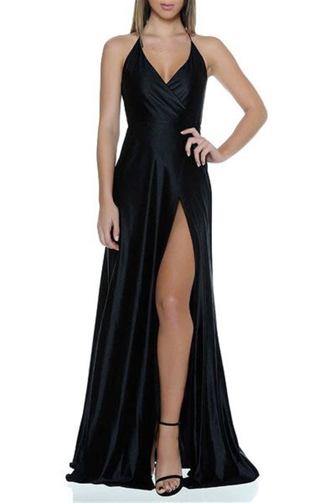 Black Chiffon High Slit Tie Neck Maxi Prom Dress With V Neck And Bare Back On Luulla