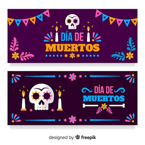 Banners Adorables Del Día De Los Muertos Con Diseño Plano Vector Gratis