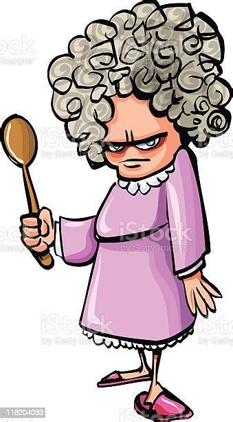 Cartoon Angry Old Woman With A Wooden Spoon Stock