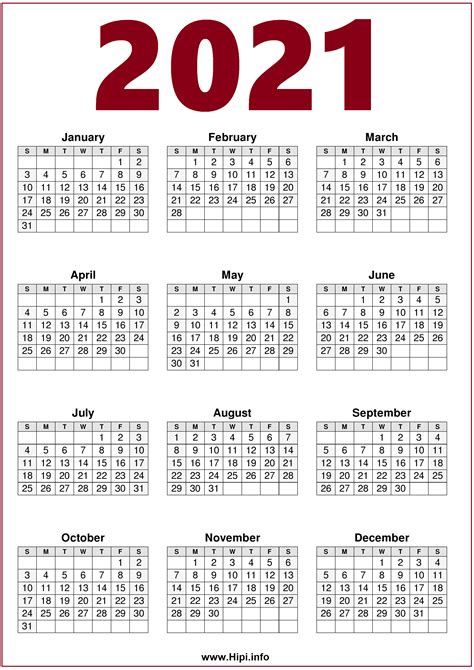 The year 2021 is a common year, with 365 days in total. 2021 Printable 1 Page Calendar | Calendar 2021