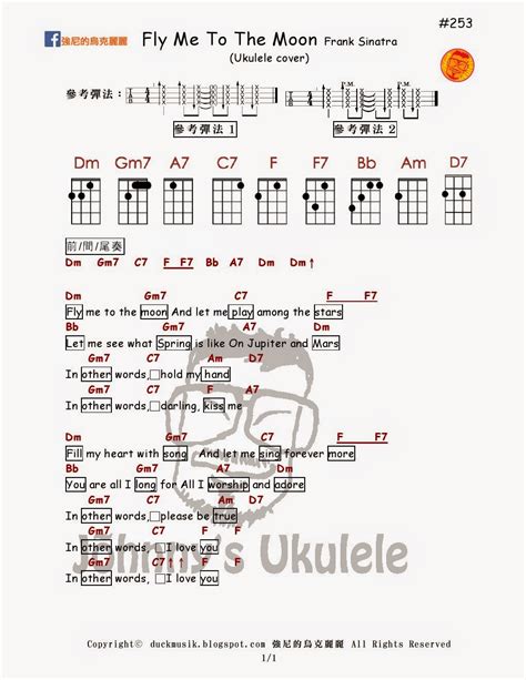 Am dm7 g7 cmaj7 fly me to the moon, let me play among the stars, f dm e7 am a7 let me see what spring is like on jupiter and mars, dm7 g7 c am in other words, hold my hand! fly me to the moon ukulele chords