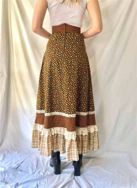 70s Gunne Sax Prairie Skirt Calico And Plaid Lace Up Xxs Prairie