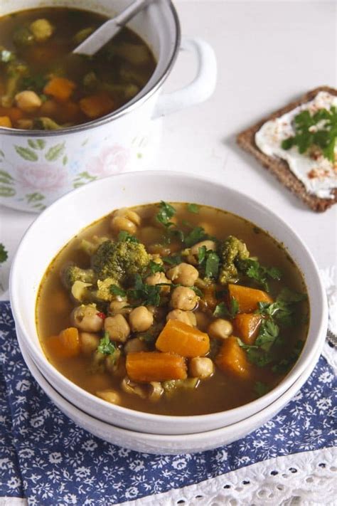 Broccoli Sweet Potato Soup With Chickpeas And Turmeric
