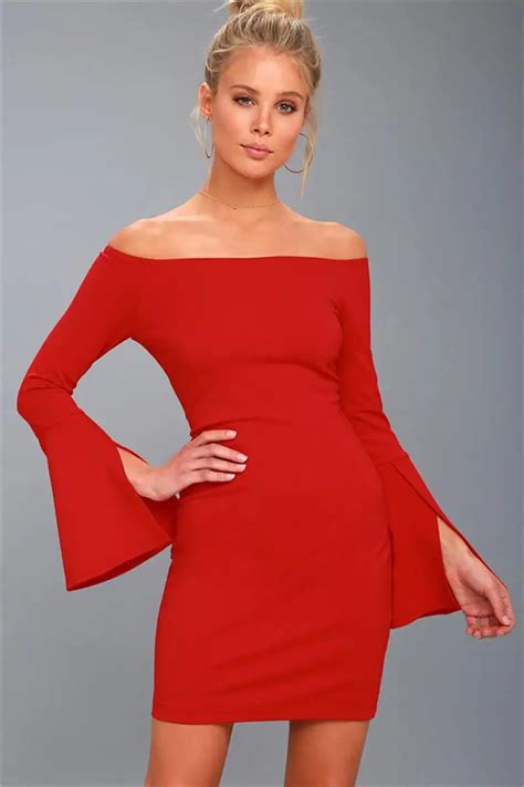 New Arrival 2018 Red Bandage Dress For Women Long Sleeve Sexy Slash Neck Flare Sleeve Celebrity