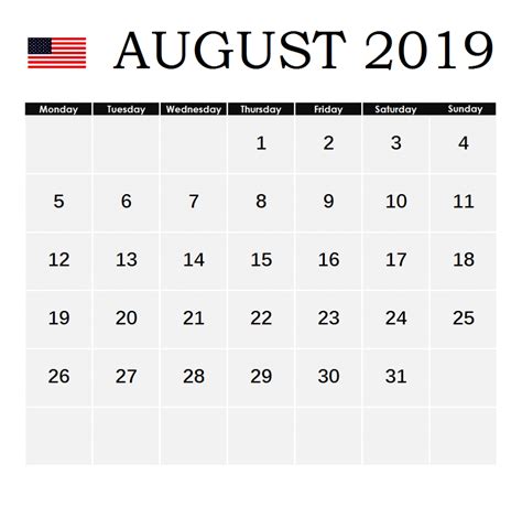 August Calendar 2019 Printable Template Pdf Word Excel