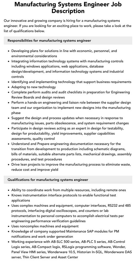 Manufacturing Systems Engineer Job Description Velvet Jobs