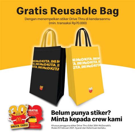 Maybe you would like to learn more about one of these? McDonalds Promo Drive Thru Sticker - Dapatkan GRATIS Reusable Bag spesial 30 tahun McDonald's