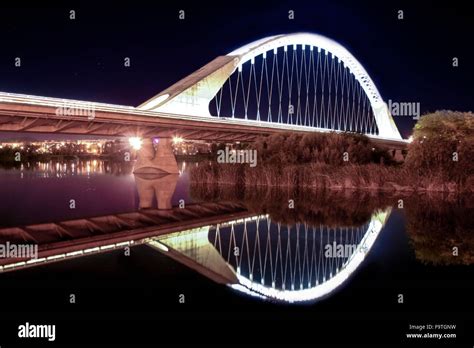 Lusitania Bridge Over Guadiana River At Night Merida Spain Stock