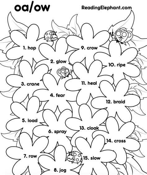 Oa Ow Worksheets Flower Coloring Activity Reading Elephant Vowel