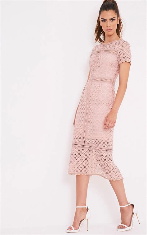Midira Dusty Pink Crochet Lace Midi Dress Prettylittlething Usa