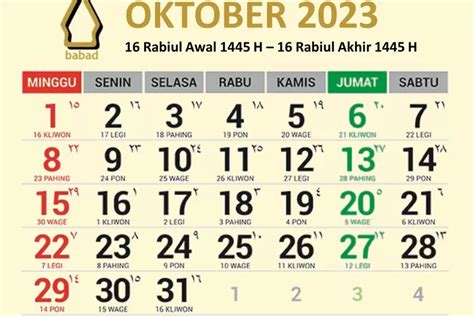 Kalender Jawa Oktober 2023 Lengkap Dengan Weton Dan Hari Libur Nasional