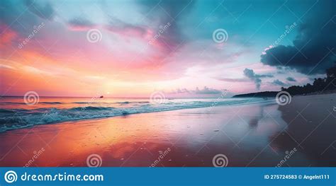 Serene Beach At Sunrise With A Multicolored Sky Behind Paradise