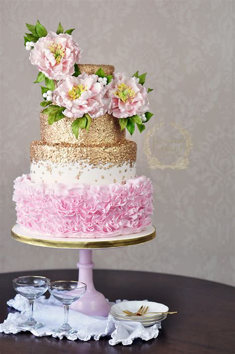Peony Ruffle Wedding Cake With Gold Sequins