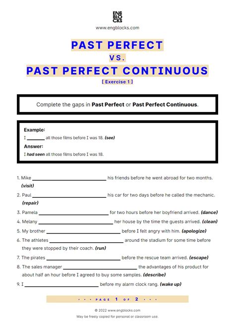 Past Perfect And Past Perfect Continuous Worksheet