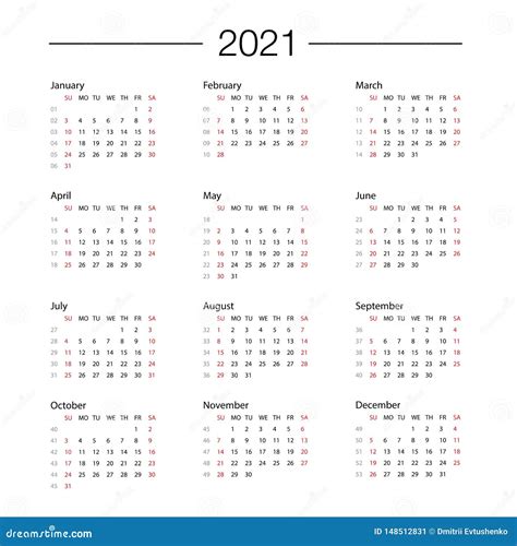 Calendar 2021 Year Template Day Planner In This Minimalist Stock Vector