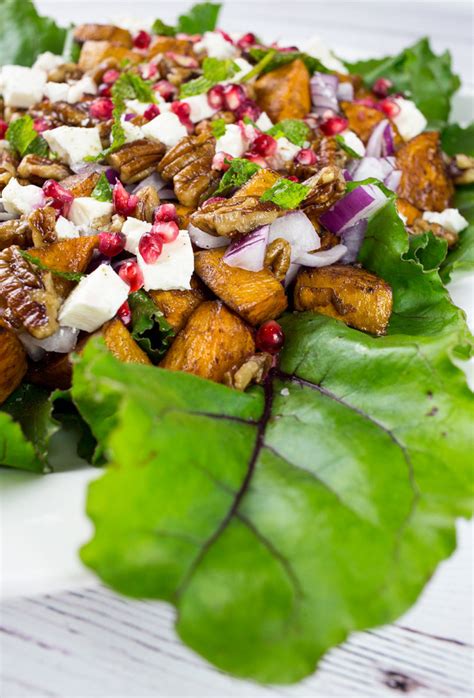 sweet potato and feta salad with pomegranate and pecans love food nourish