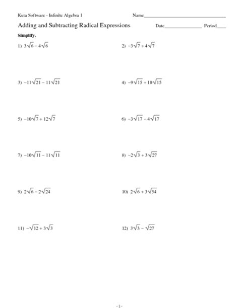 Adding And Subtracting Radicals Expressions Worksheet