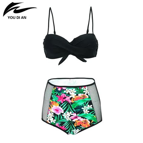 Two Pieces Suits Mesh Swimwear Women High Waist Bikini Sexy Bandage Push Up Floral Printed