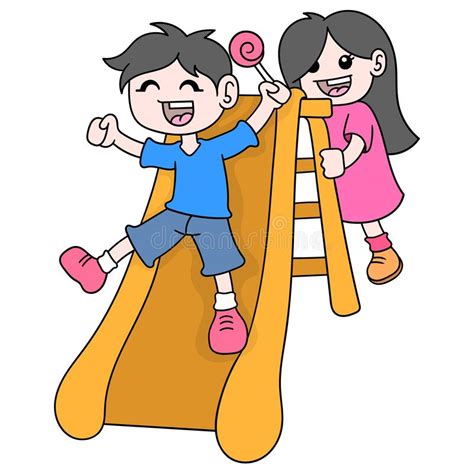 Girls And Boys Playing Slides In The Park Doodle Icon Image Kawaii
