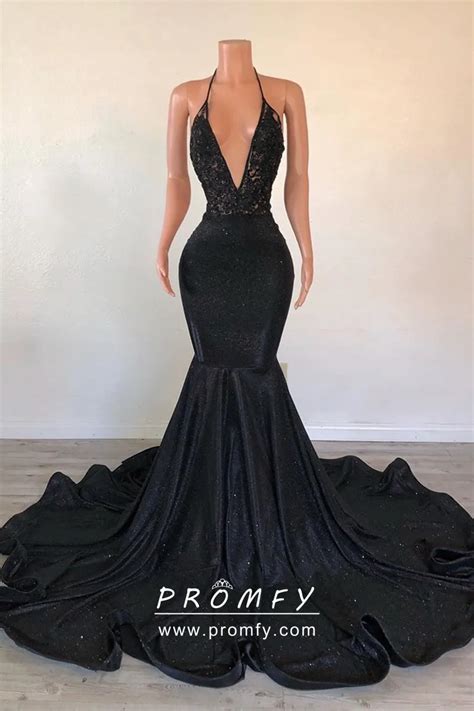 Black Lace And Glossy Fabric Long Train Prom Dress Promfy