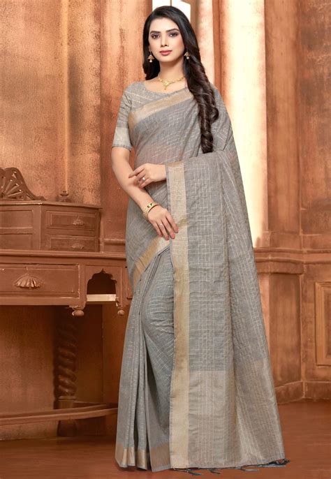 Buy Gray Linen Saree With Blouse 171637 With Blouse Online At Lowest