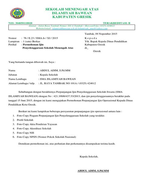 Contoh Surat Permohonan Izin Operasional Sekolah Dasar Imagesee
