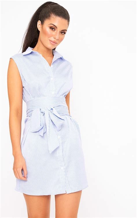 Blue Sleeveless Pinstripe Tie Waist Shirt Dress Tie Waist Shirt Dress