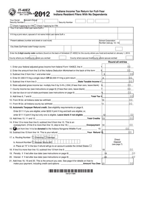 Fillable Form It 40ez Indiana Income Tax Return For Full Year Indiana