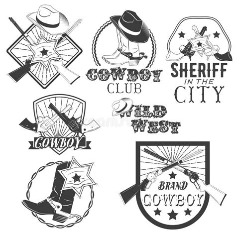 Vector Set Of Cowboy Labels In Vintage Style Wild West Sheriff