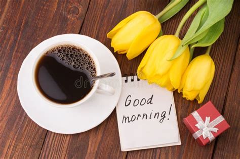 Cup Of Coffee Tulips And Good Morning Massage Stock Photo Image Of