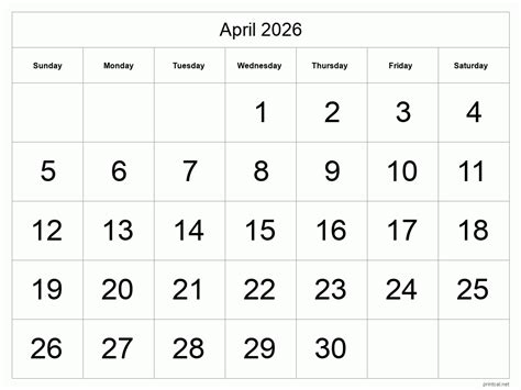 Printable April 2026 Calendar Big Dates