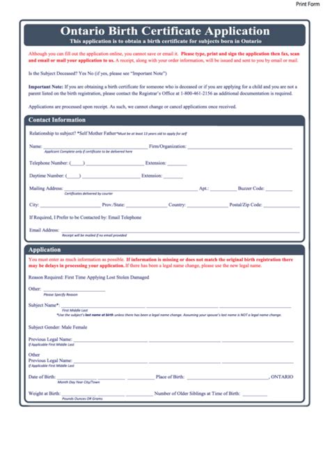 Ontario Birth Certificate Application Printable Printable Application