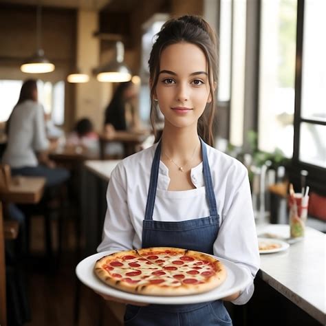 Premium Ai Image Female Restaurant Worker Serve Pizza To The Customers