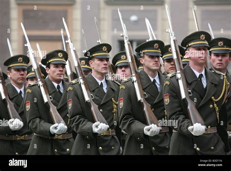 Czech Soldiers Marching During The Military Parade At The Prague Castle In Prague Czech