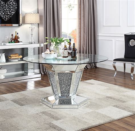 Acme Noralie Dining Table In Mirrored Faux Diamonds And Clear Glass