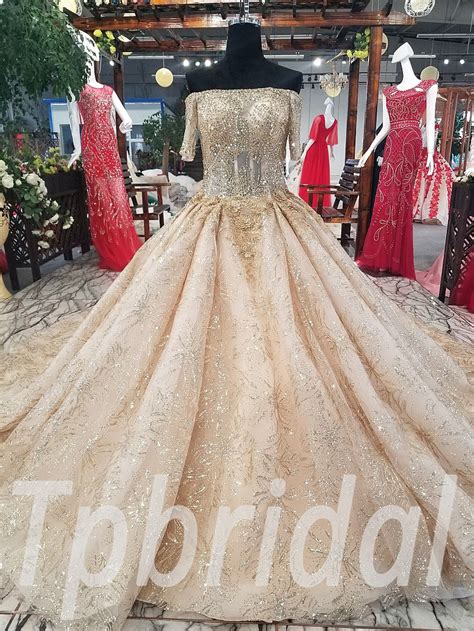 Lace Wedding Dress Gold Ball Gown Prom Party Dress 2018