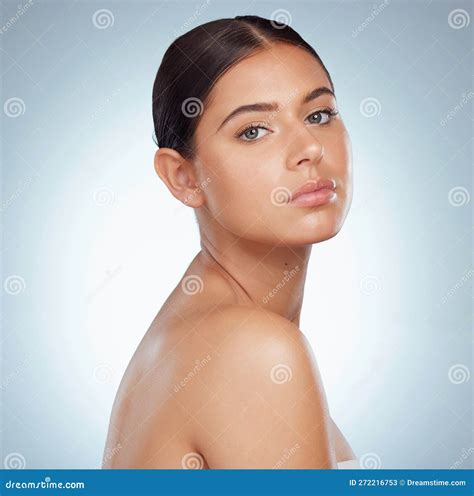 Portrait Of A Beautiful Woman With Smooth Glowing Skin And Copyspace Posing Topless Headshot Of