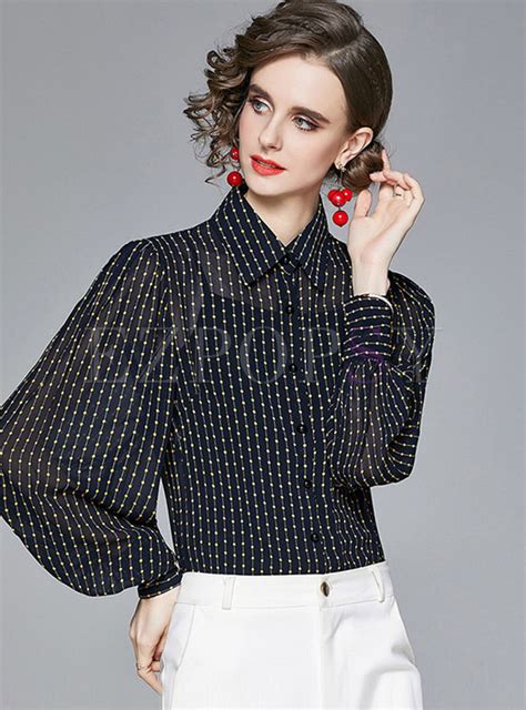 tops blouses lantern sleeve polka dot striped chiffon blouse