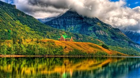 Mountains Forest Plants Clouds Rocks Lake House Landscape